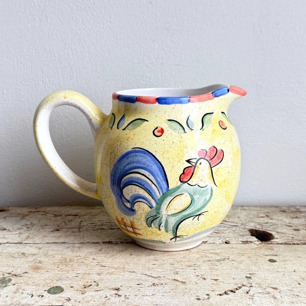 Vintage Bella Ceramica Rooster Pitcher Yellow Hand Painted Farmhouse 7" CSGB